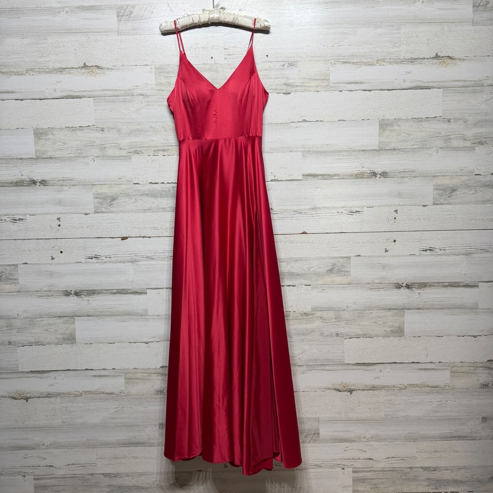 B. Darlin Gown Women 11/12 Red Satin V-Neck High Slit Formal Prom